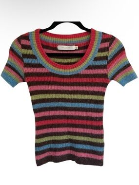 Chaber Stripe Rainbow Multicolored Fuzzy Short Sleeve Sweater Approx XS